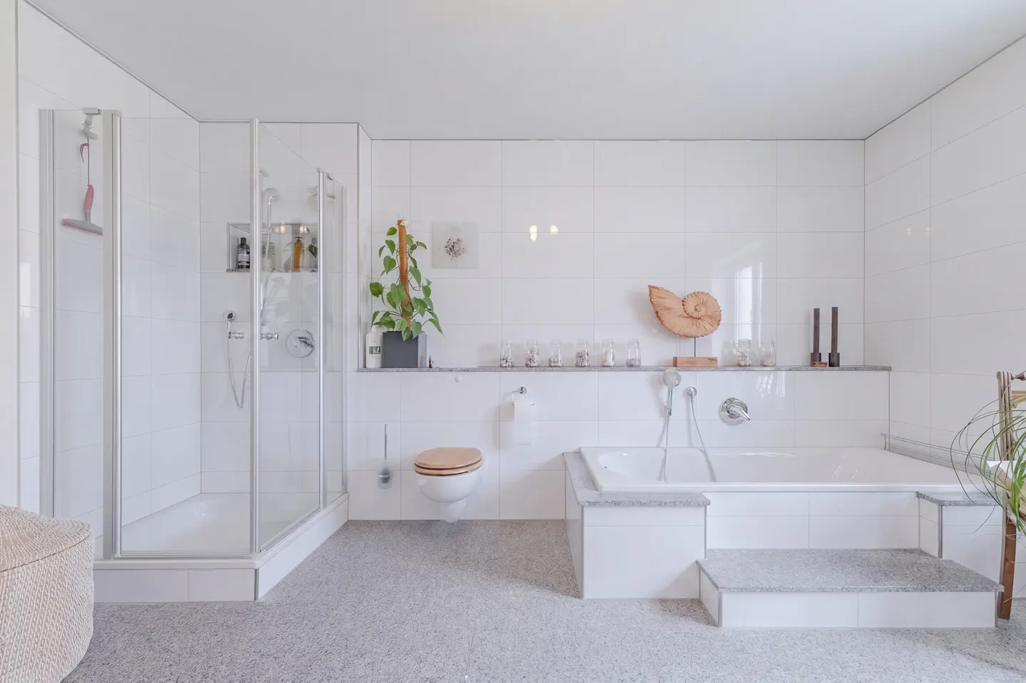 Bright, modern bathroom with white tile walls, a glass-enclosed shower, toilet, and a step-up bathtub. Decorative items line the shelf above the fixtures.