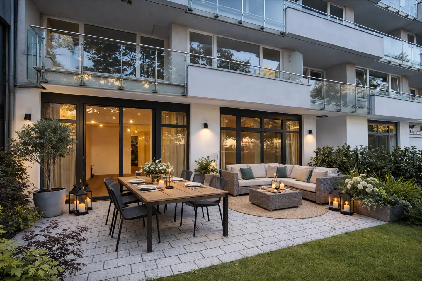 Outdoor patio with dining table, seating area, and lanterns. Building with balconies in the background.