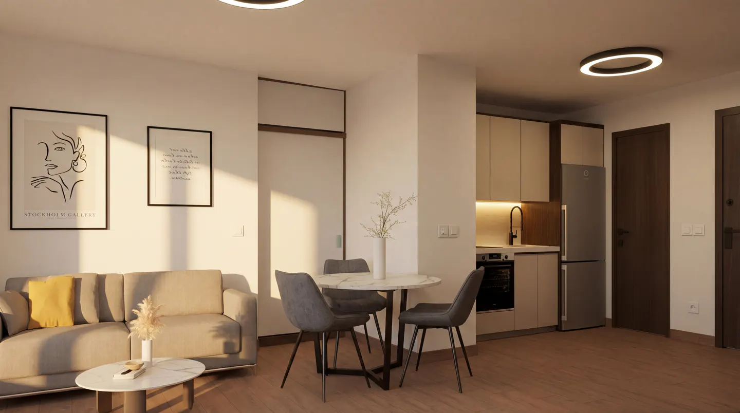 A modern apartment interior with a beige sofa, round table with chairs, and a kitchen area. Two framed art prints hang on the wall.