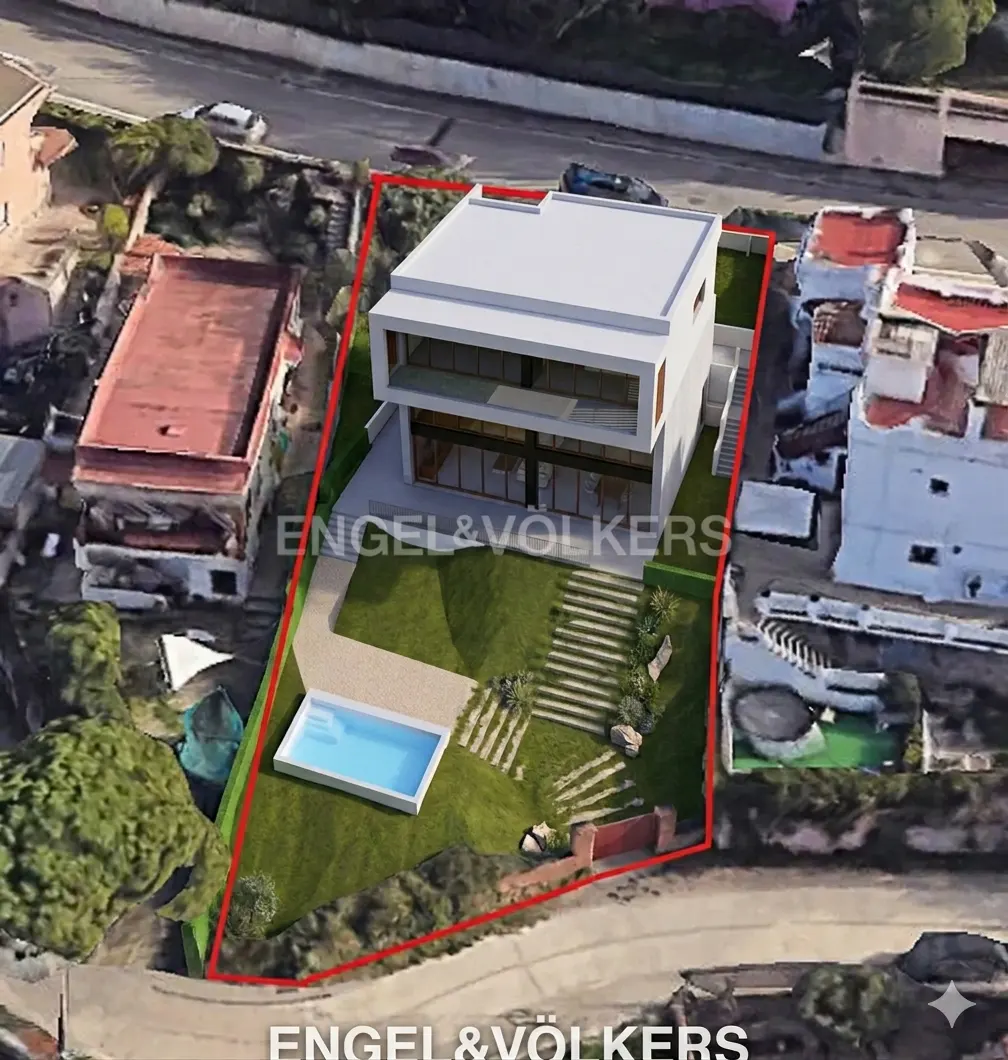 Aerial view of a modern, white, two-story house with a pool and landscaped yard, outlined in red. The Engel & Völkers logo is at the bottom.