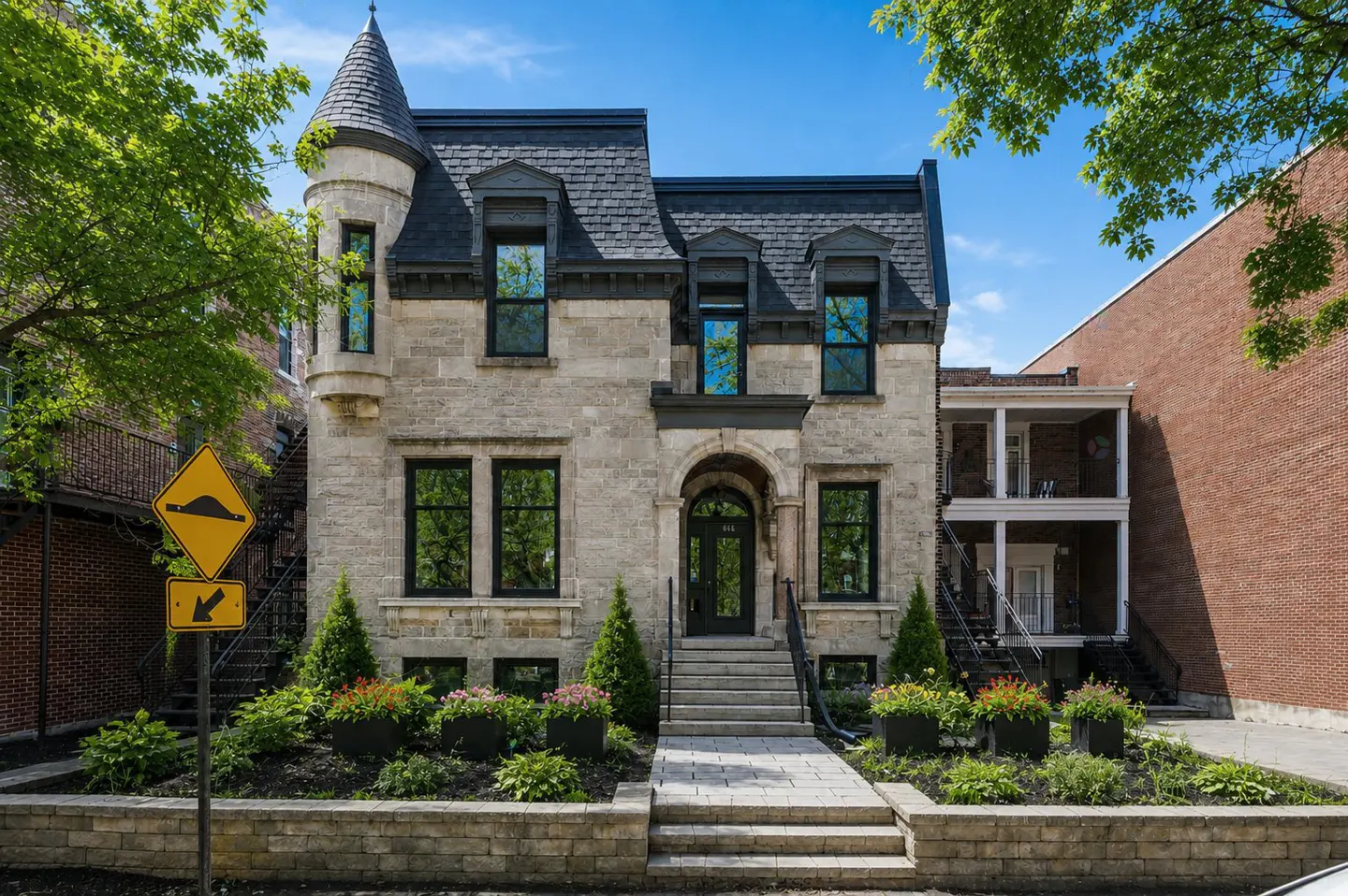 A three-story stone house with black trim, a turret, and a gray roof on a sunny day.