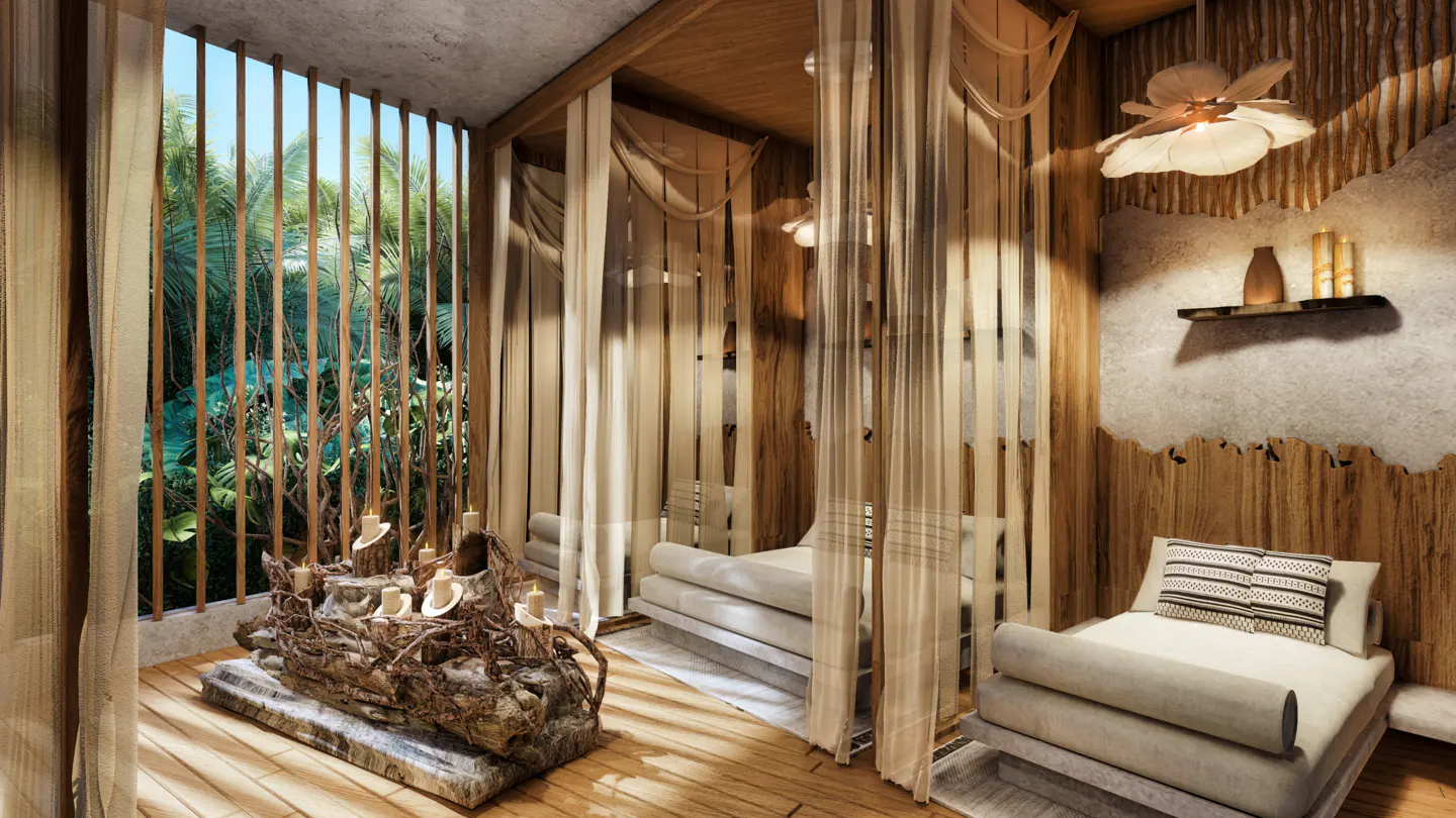 Spa room with two massage beds, sheer curtains, wood walls, and a flower-shaped light fixture. Outside, green trees are visible.