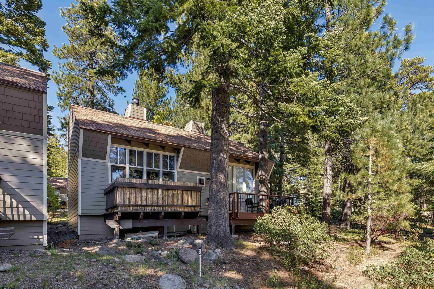 Exterior view of a two-story, light-green house with a brown roof and wooden decks, surrounded by tall green trees.
