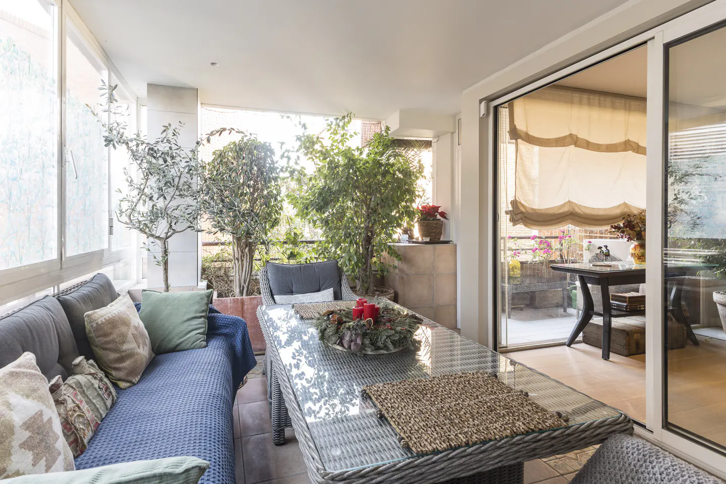 A sunroom with a blue couch, glass table, and plants. Sliding glass doors lead to an outdoor patio.