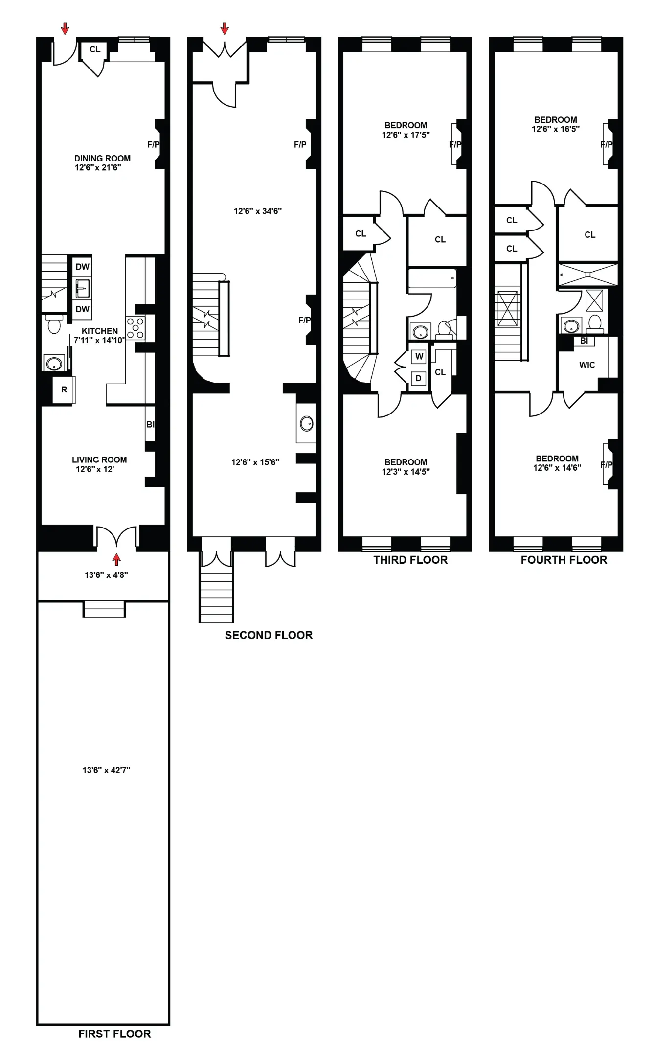 Black and white floor plan showing the layout of four levels, including rooms, dimensions, and stairs for a townhouse.