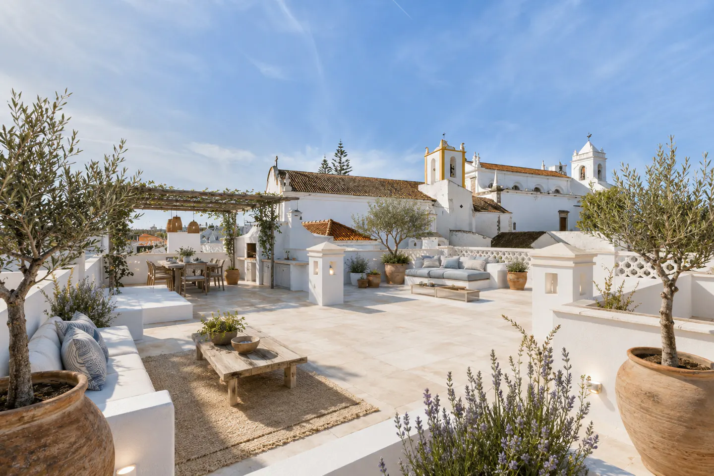 A rooftop terrace with white walls, potted olive trees, a dining table, and a lounge area, with a white church in the background.