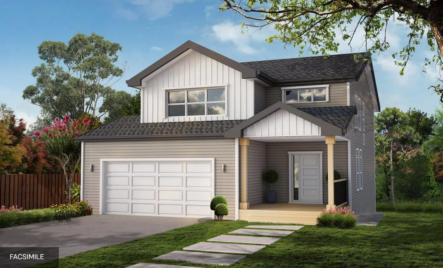 Two-story house with gray siding, white trim, and a gray roof. A white garage door is on the left, and a porch with a white door is on the right.