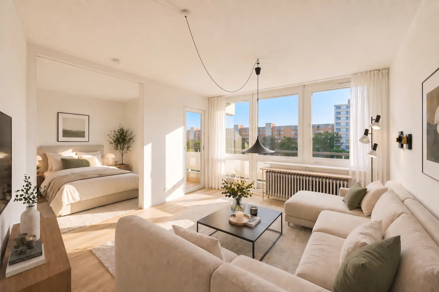 Bright, modern apartment interior with a beige sectional sofa, black coffee table, and a bedroom visible through an open doorway. Large windows offer a city view.