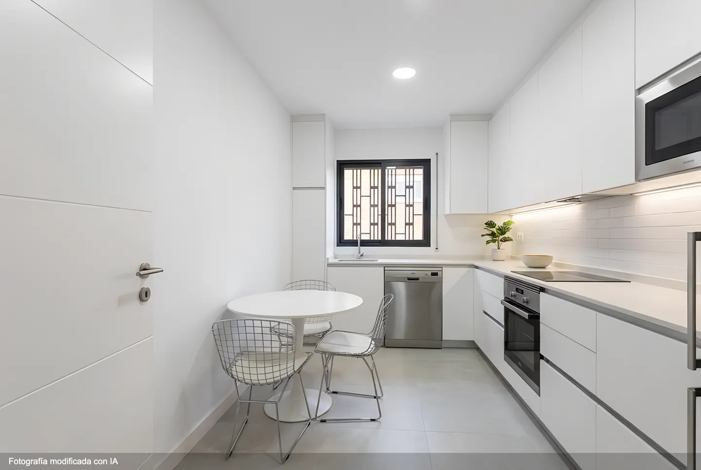 Bright, modern kitchen with white cabinets, stainless steel appliances, and a round white table with wire chairs. A black-framed window adds contrast.