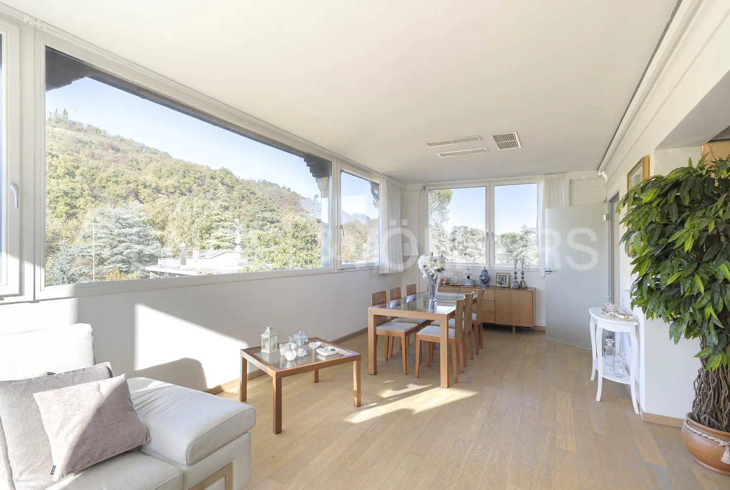 Bright, modern living room with wood floors, a dining table, and a large window overlooking a green hillside.