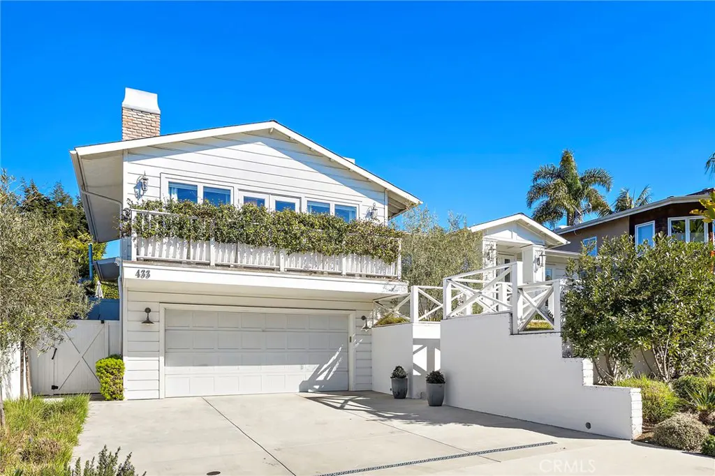 Exterior of a two-story white house with a garage and a balcony with green plants. Blue sky.
