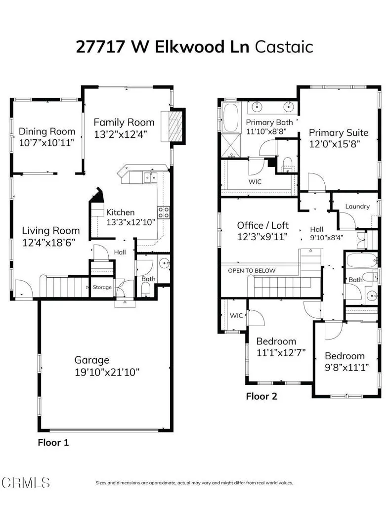 Floor plan of a two-story house at 27717 W Elkwood Ln Castaic. First floor: living, dining, family rooms, kitchen, garage. Second floor: primary suite, office/loft, two bedrooms.