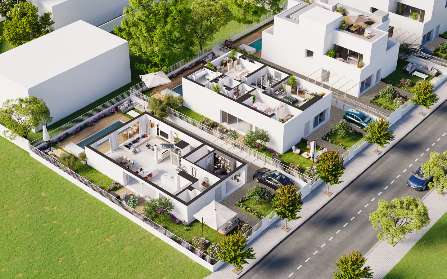 Aerial view of modern white houses with pools, gardens, and open floor plans, surrounded by green trees and a street with cars.