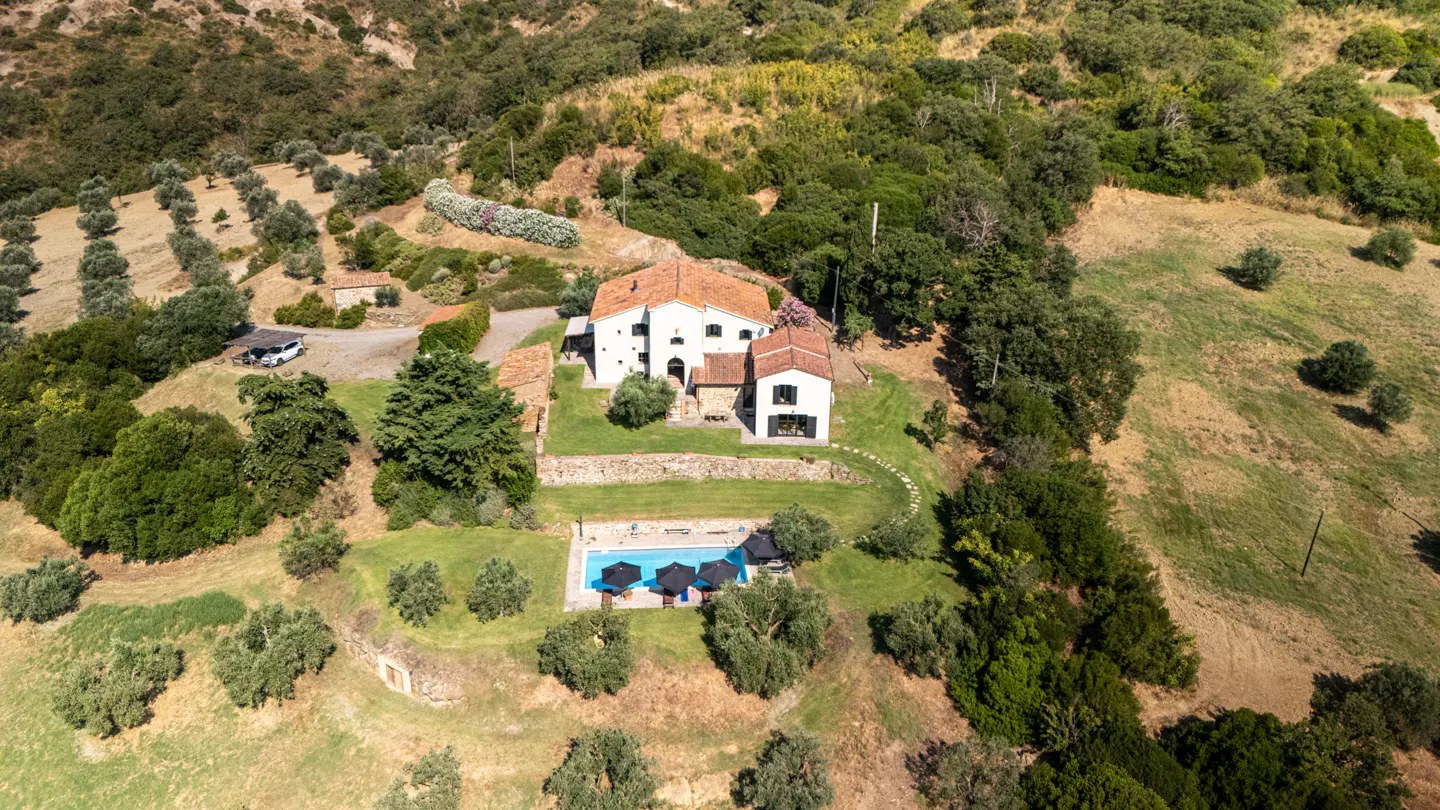Aerial view of a white villa with a red tile roof, a pool, and olive trees on a green hillside.