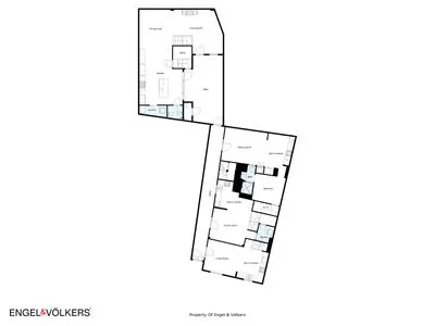 Black and white floor plan showing the layout of two connected building levels with rooms labeled in English.