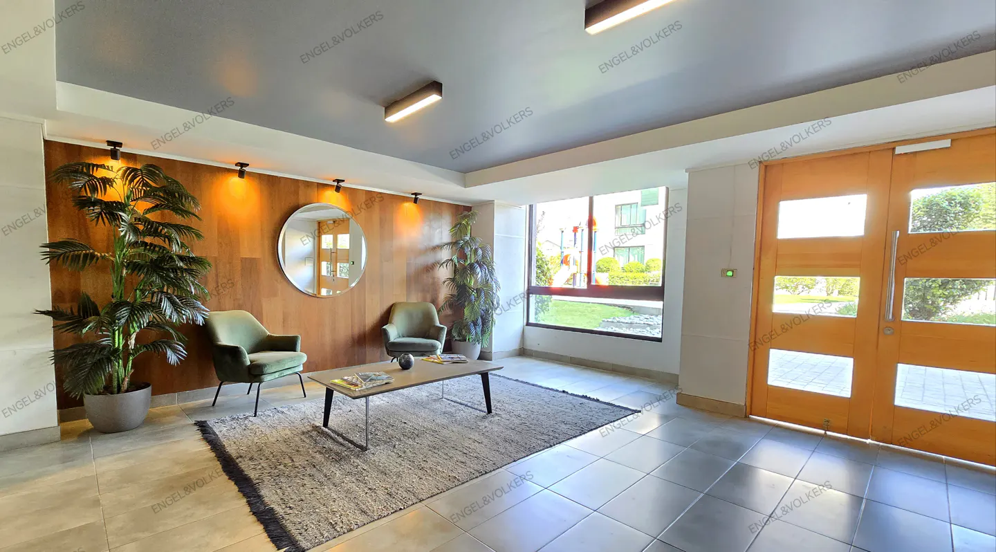 Lobby with wood paneling, green chairs, plants, and a gray rug. A round mirror hangs on the wall. Natural light streams through a window.