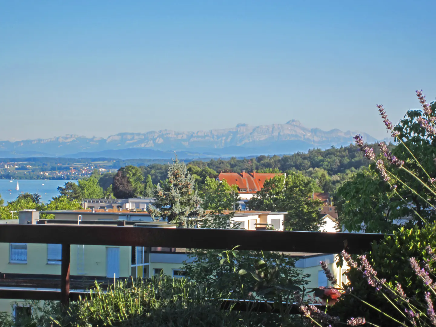 View from a balcony with a brown railing, overlooking a lake, trees, and distant mountains under a clear blue sky.
