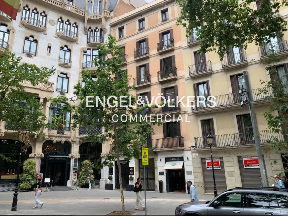 Street view of historic European buildings with balconies, street trees, and pedestrians in front of commercial storefronts.