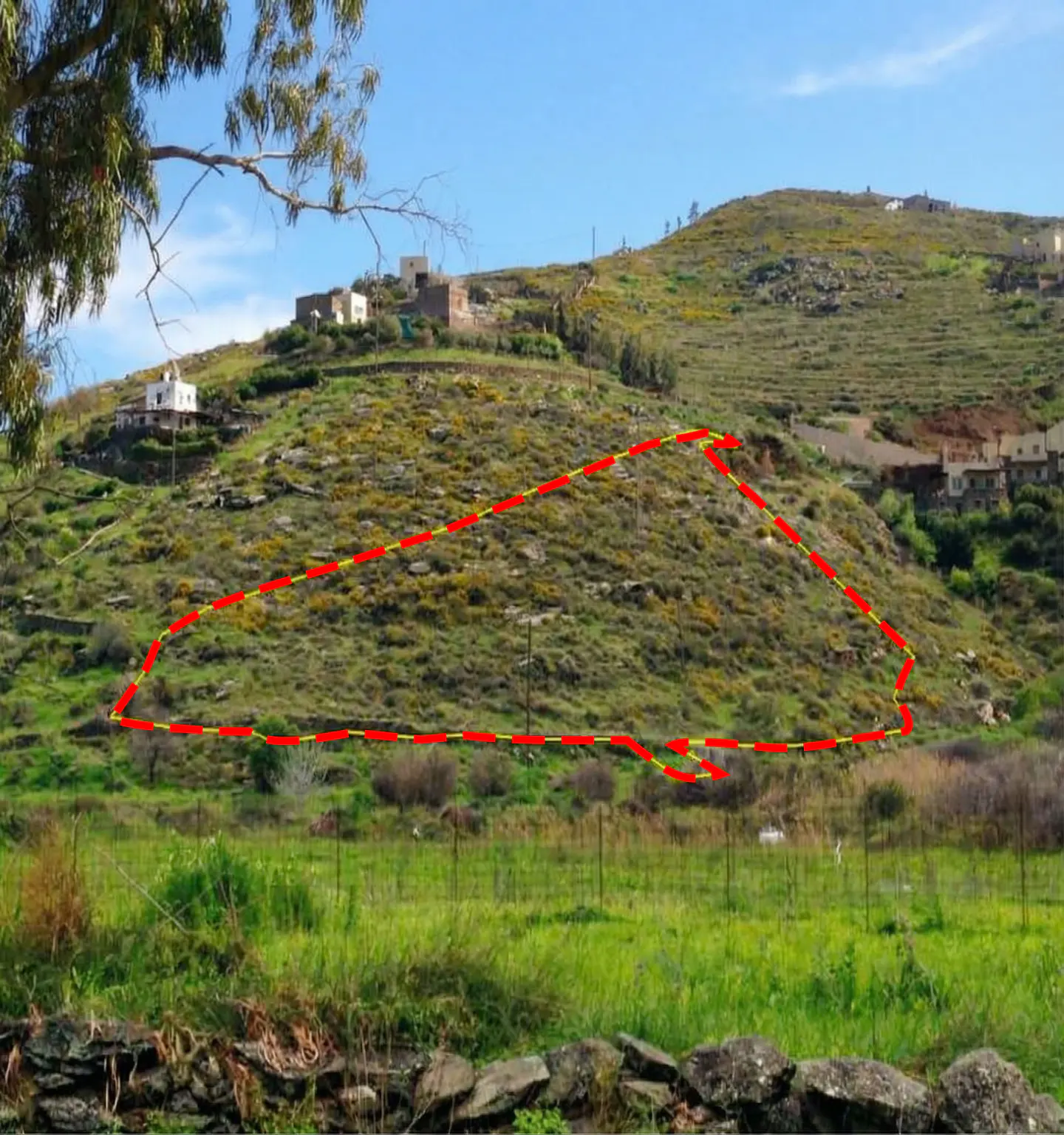 Hilly land plot with a red outline, green grass, and scattered houses under a blue sky.