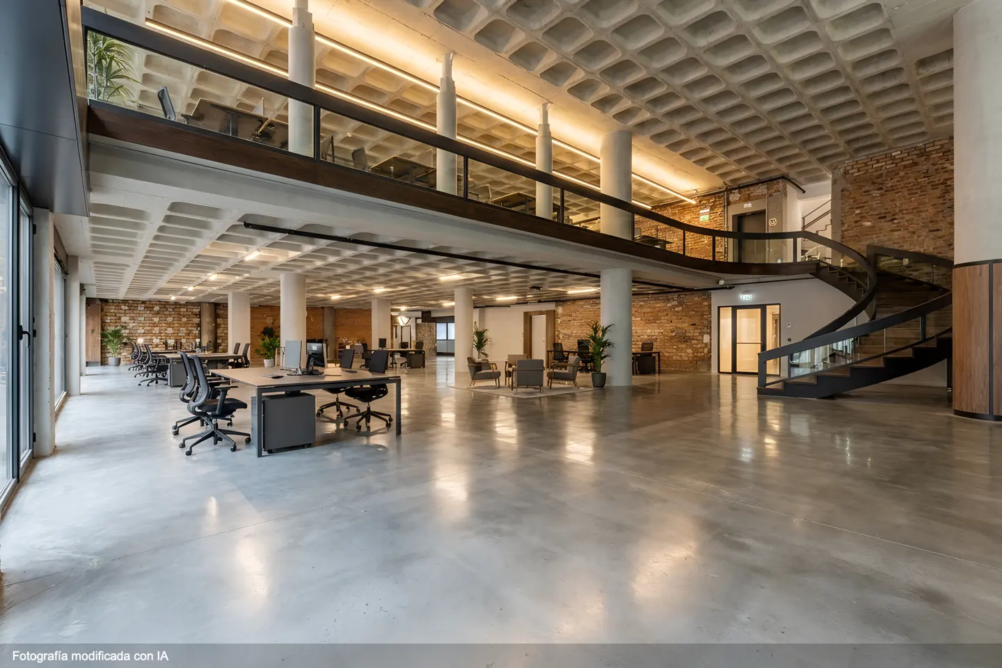Open office space with desks, chairs, and computers. A spiral staircase leads to a second-floor balcony with glass railings. Brick walls and concrete floors.