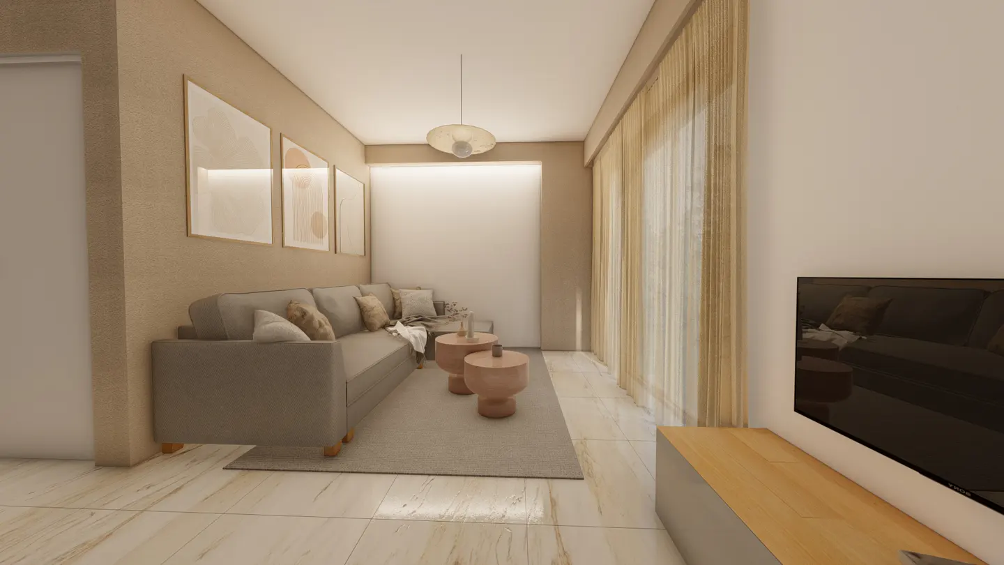 Modern living room with a grey sofa, two round pink coffee tables, neutral decor, and a television on a wooden console.