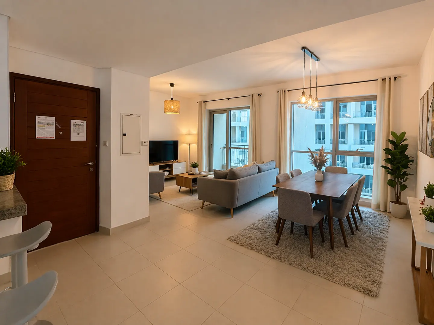 A bright, modern apartment living and dining area with gray sofa, wood table, and city views.