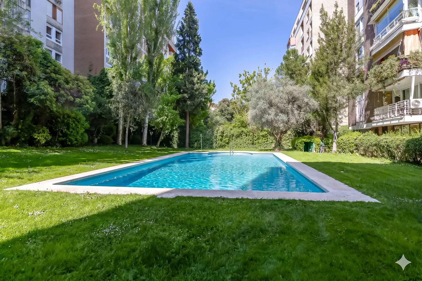 Rectangular swimming pool with turquoise water, surrounded by green grass and trees, near apartment buildings under a blue sky.