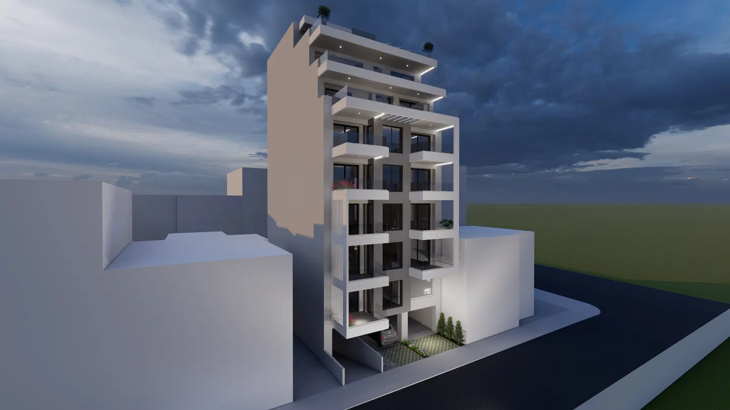 Modern multi-story apartment building with white balconies and dark grey facade at twilight.
