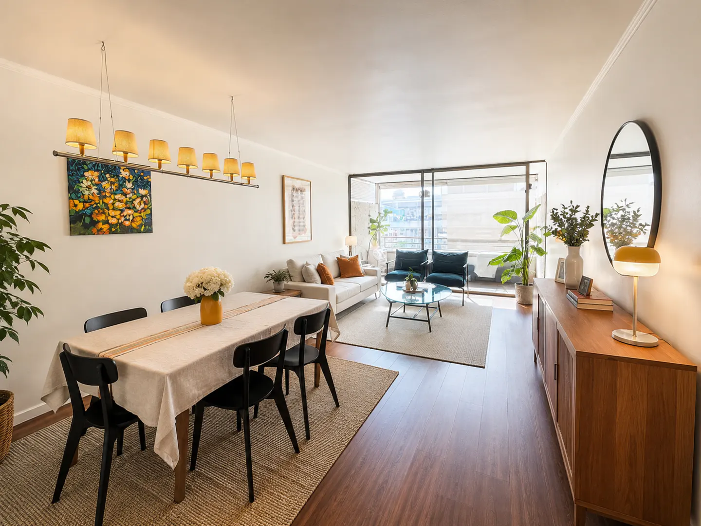 Bright, modern apartment interior with dining table, sofa, and balcony. Wood floors and neutral colors create a warm, inviting space.