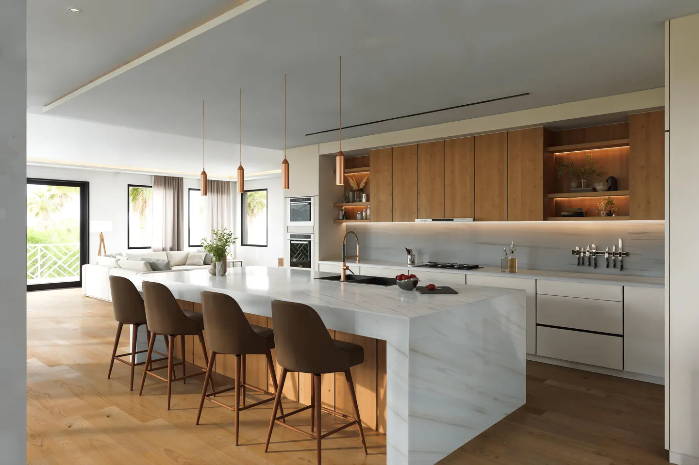 Modern kitchen with a white marble island, four brown bar stools, wood cabinets, and an open-concept living area.