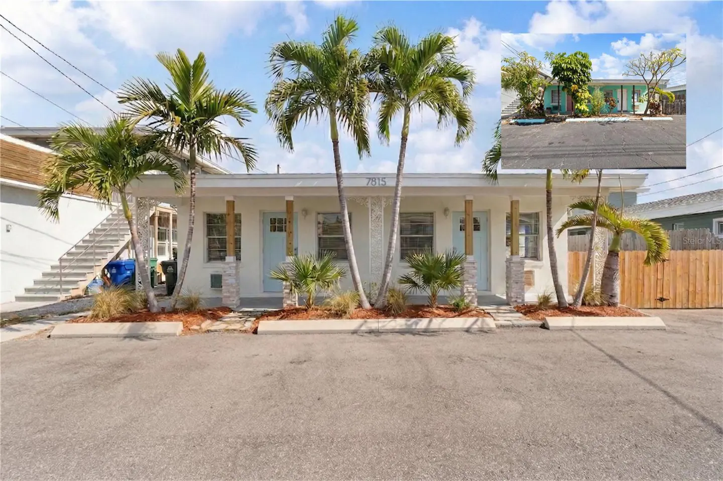 A white, two-unit building with light blue doors and palm trees in front. The building number "7815" is visible above the doors. Inset image of a similar building.