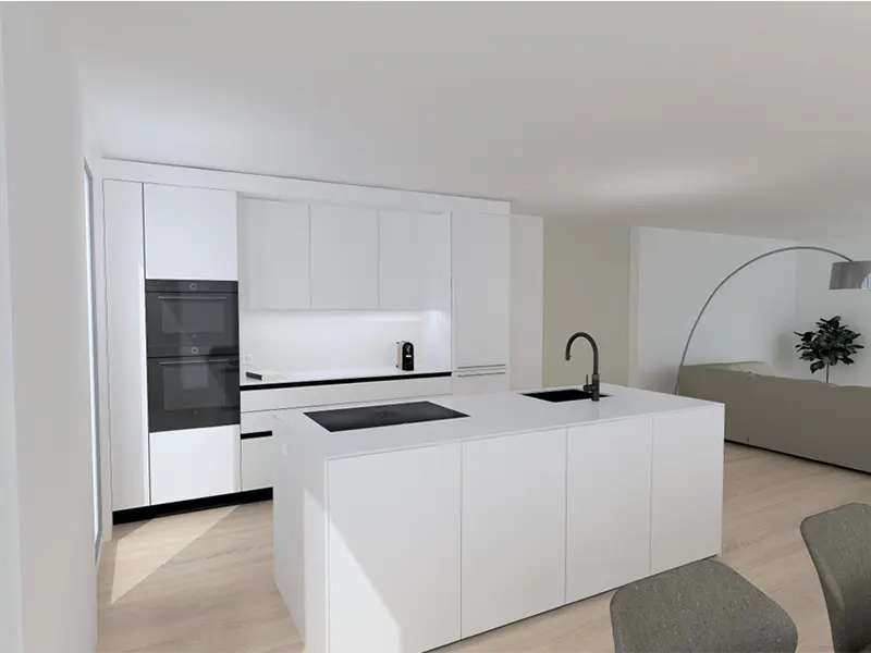 A modern, all-white kitchen with a large island, black sink and faucet, and built-in oven.