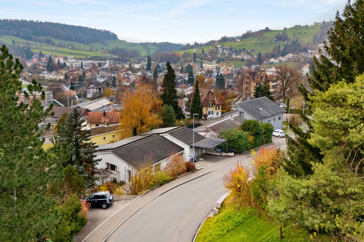 High-angle view of a winding road leading into a charming Swiss village nestled in a lush, hilly landscape.