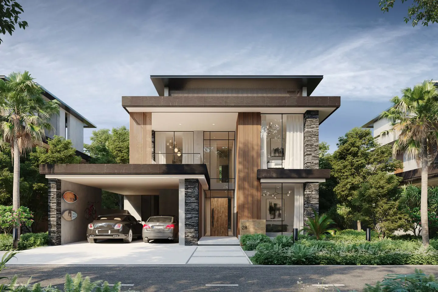 Modern two-story luxury home with a carport, stone accents, wood paneling, and large glass windows, surrounded by palm trees.