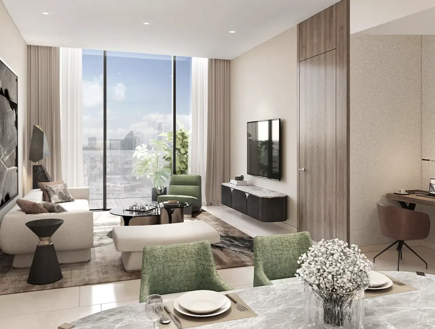 Modern living room with a white sofa, green armchair, marble dining table, and floor-to-ceiling windows with city views.