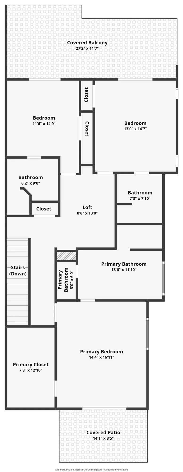 Floor plan showing a primary bedroom with patio, two additional bedrooms, a loft, three bathrooms, and a covered balcony.