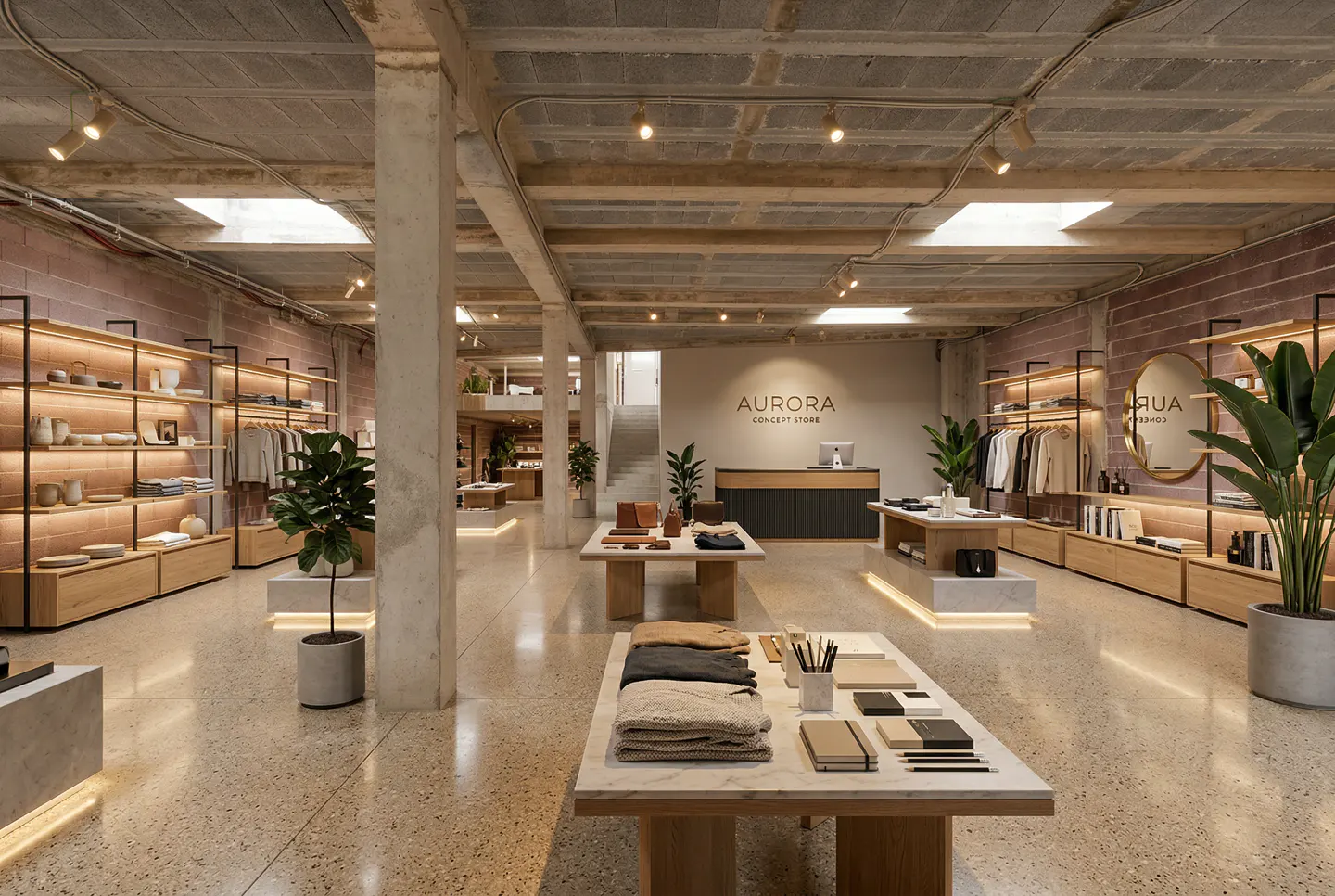 The interior of Aurora Concept Store features clothing racks, display tables, and a reception desk.