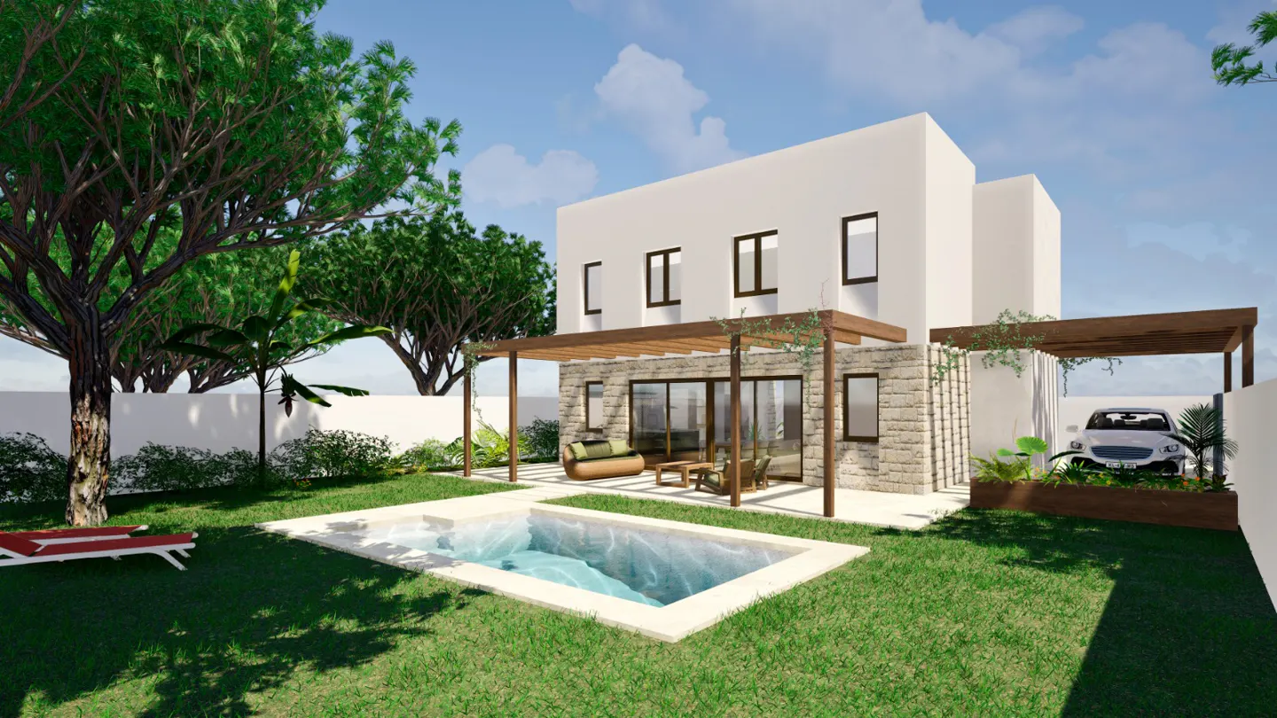 Modern two-story house with a pool, lawn, and trees. The house has a stone facade and a wooden pergola. A white car is parked in the driveway.