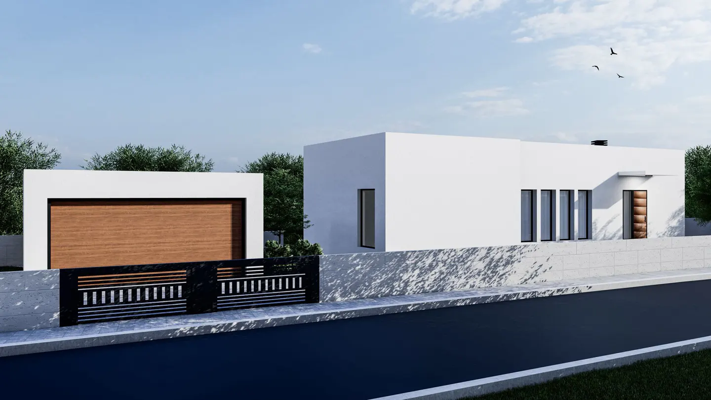 Modern white house with a brown garage door and black metal fence. Trees and blue sky in the background.