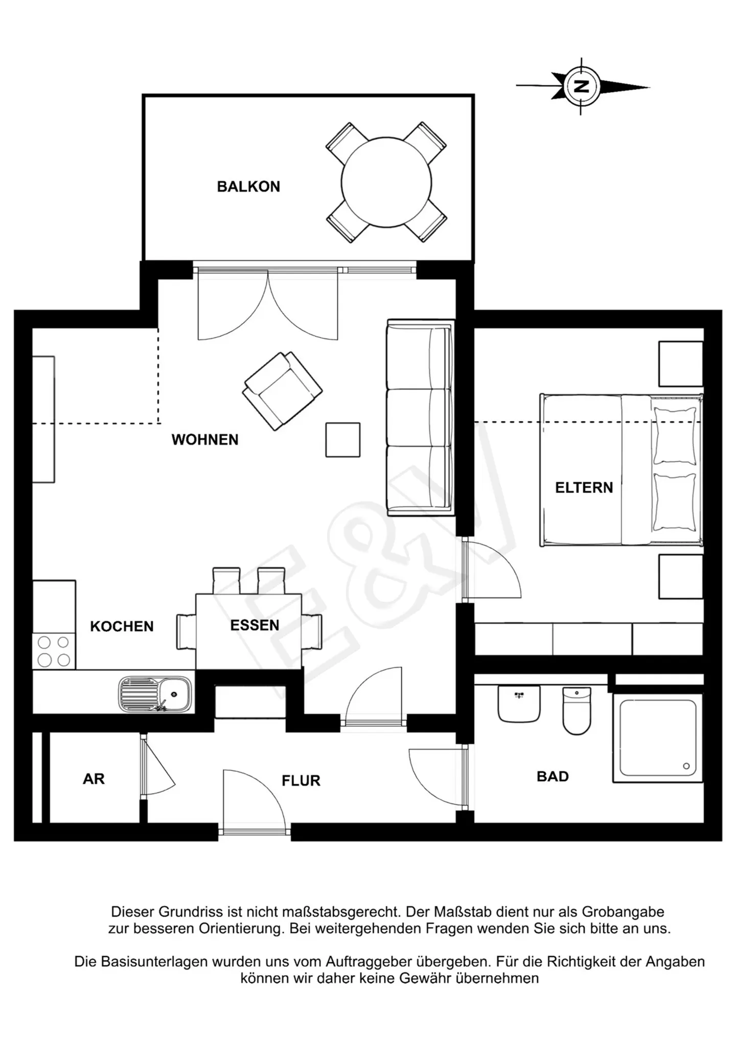 Black and white floor plan of an apartment with a balcony, living room, kitchen, dining area, hallway, bedroom, and bathroom.