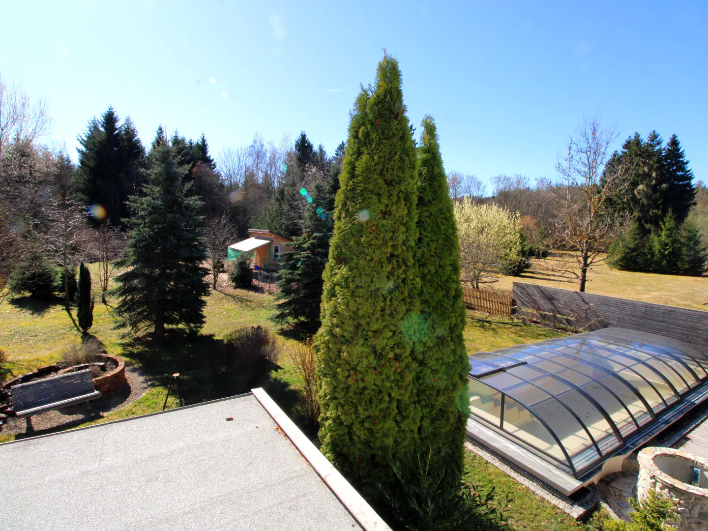 A backyard view with a covered pool, trees, and a small shed on a sunny day.