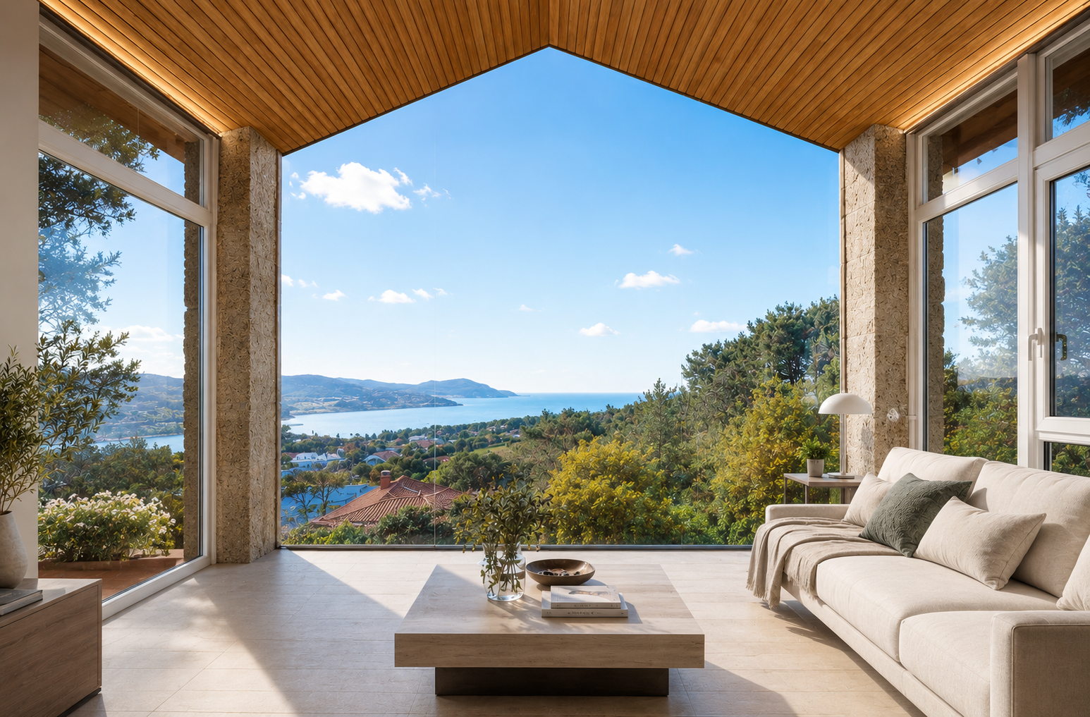 Casa de piedra con vistas despejadas al mar