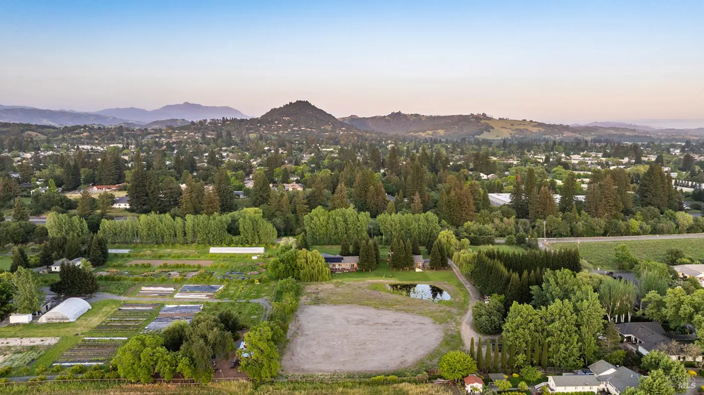Aerial view of a lush green landscape with trees, houses, a farm, and mountains in the background under a blue sky.