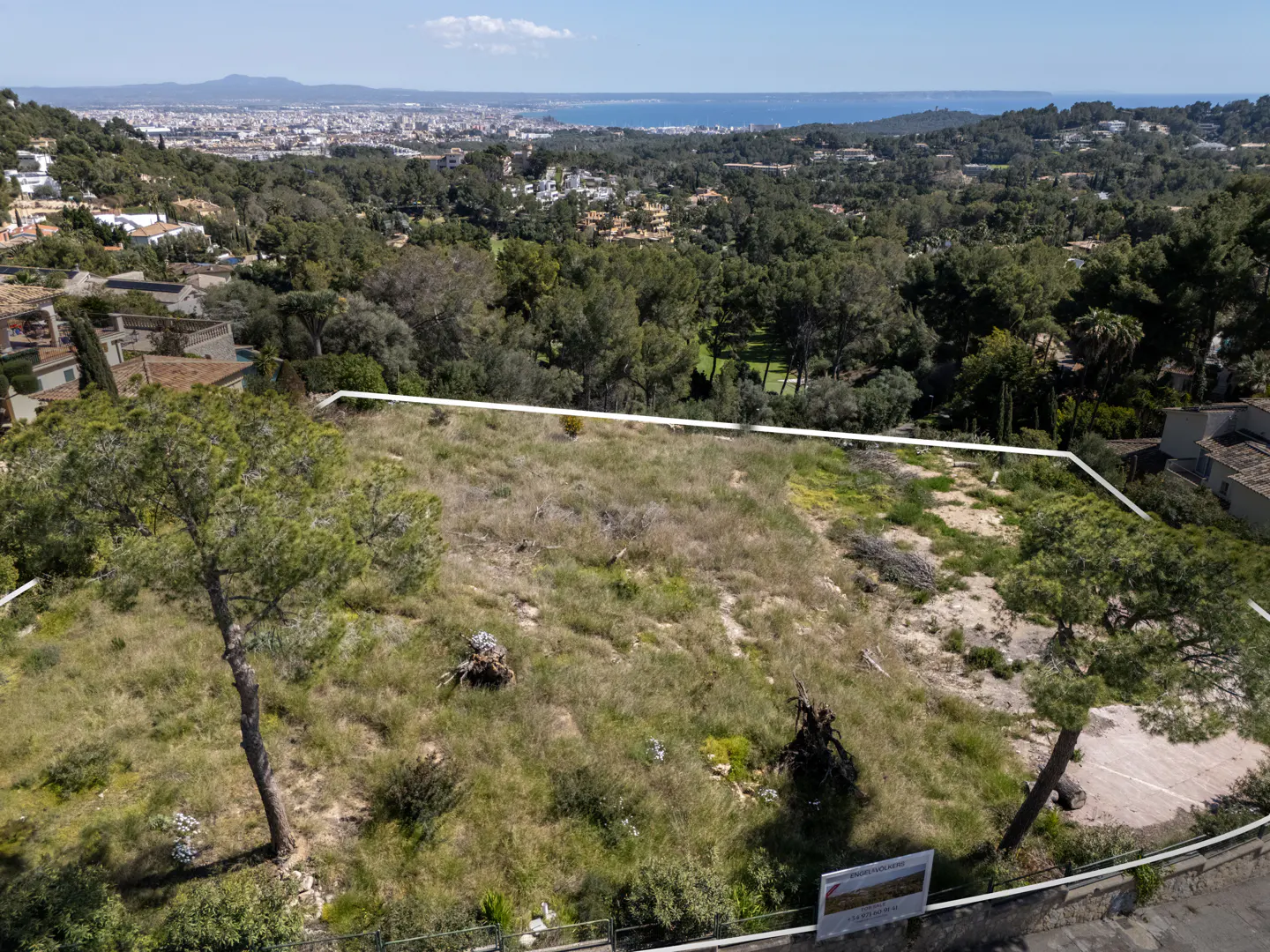 Aerial view of a vacant lot with a white border, surrounded by trees and a distant city skyline.