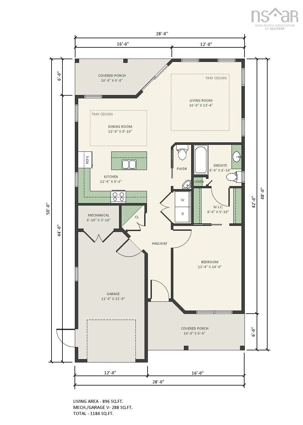 Floor plan with dimensions. Includes a living room, dining room, kitchen, bedroom, garage, and covered porch.