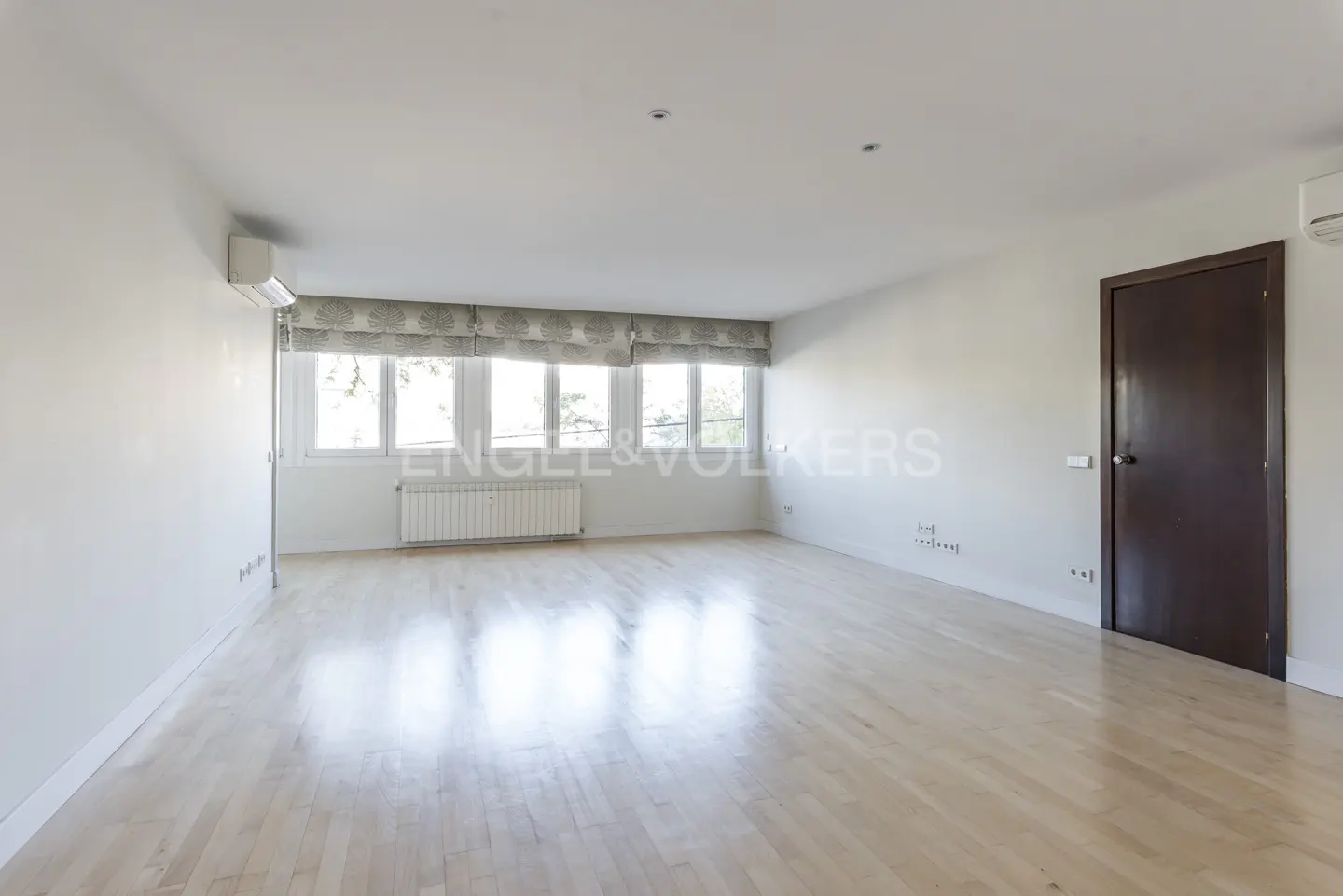 Bright, empty room with light wood floors, white walls, and a dark wood door. Windows with patterned shades let in natural light. Radiator under the windows.