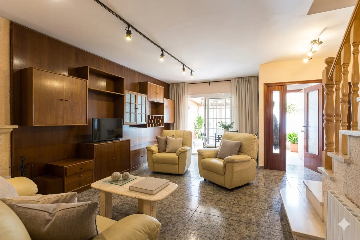 Living room with brown wood wall unit, two yellow armchairs, and a marble coffee table. Patio doors lead to an outdoor seating area.