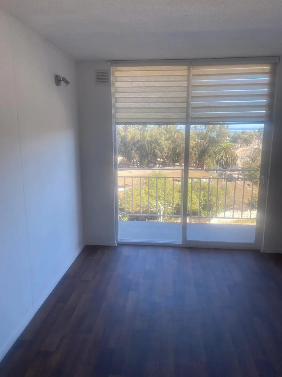 Empty room with dark wood floors, white walls, and a large sliding glass door with blinds overlooking a sunny park.