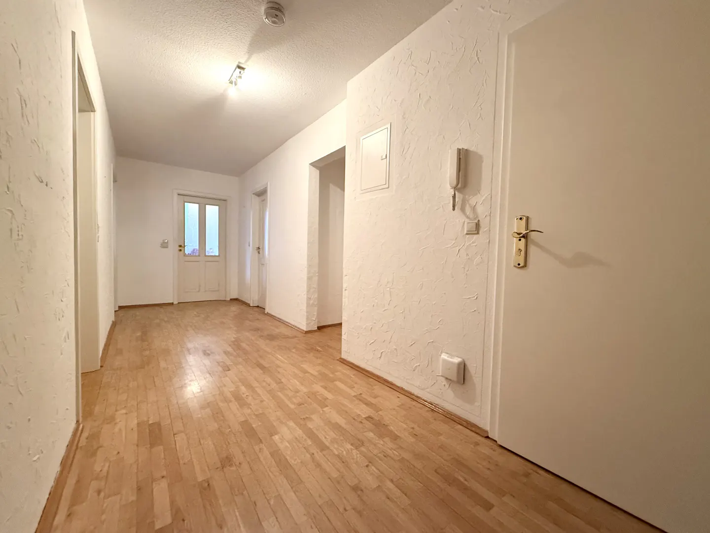 A bright hallway with wood floors and white walls leads to a door with glass panels.