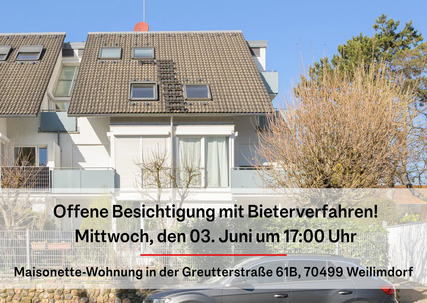 Three-story white townhouse with a gray tiled roof and dormer windows, advertising an open house.